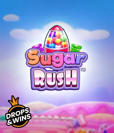 Изображение игрового автомата Sugar Rush от Pragmatic Play, показывающее разноцветный мир конфет и сладостей. На переднем плане видны иконки в виде конфет и желейных мишек, окруженные яркой атмосферой. В верхней части расположен логотип игры Sugar Rush, подчеркивающий тематику слота.